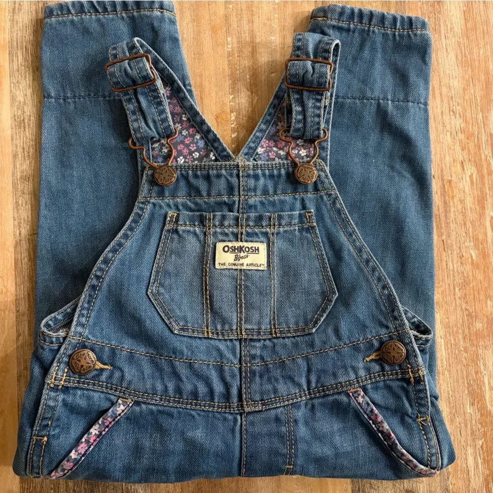 OshKosh B'gosh Blue Denim Overalls with Floral Trim, Size 2T